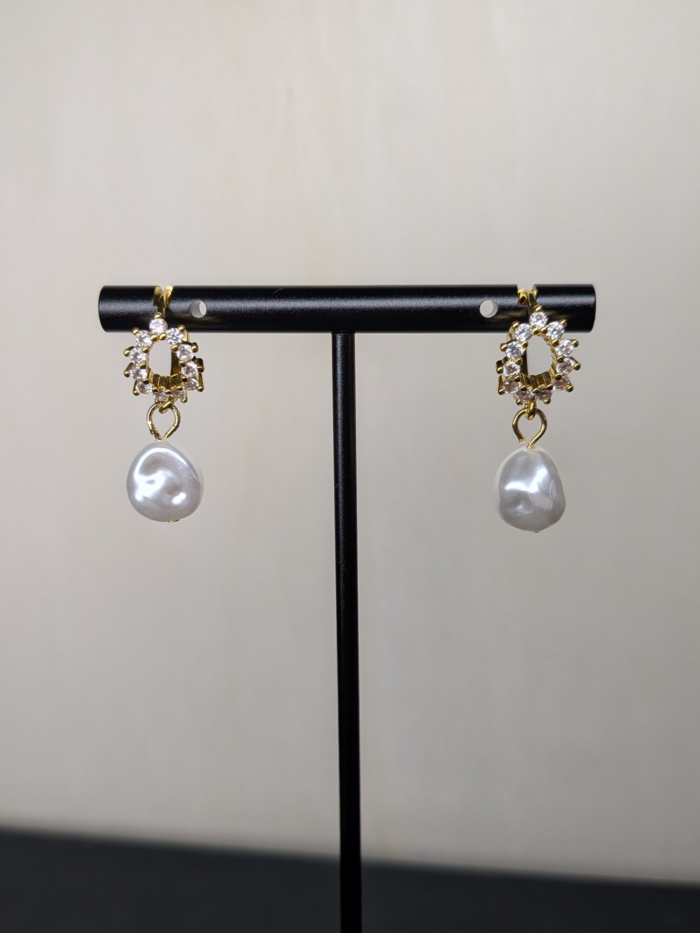 18k Gold Plated Dangle Wreath Huggies, Faux Pearl & Zircons